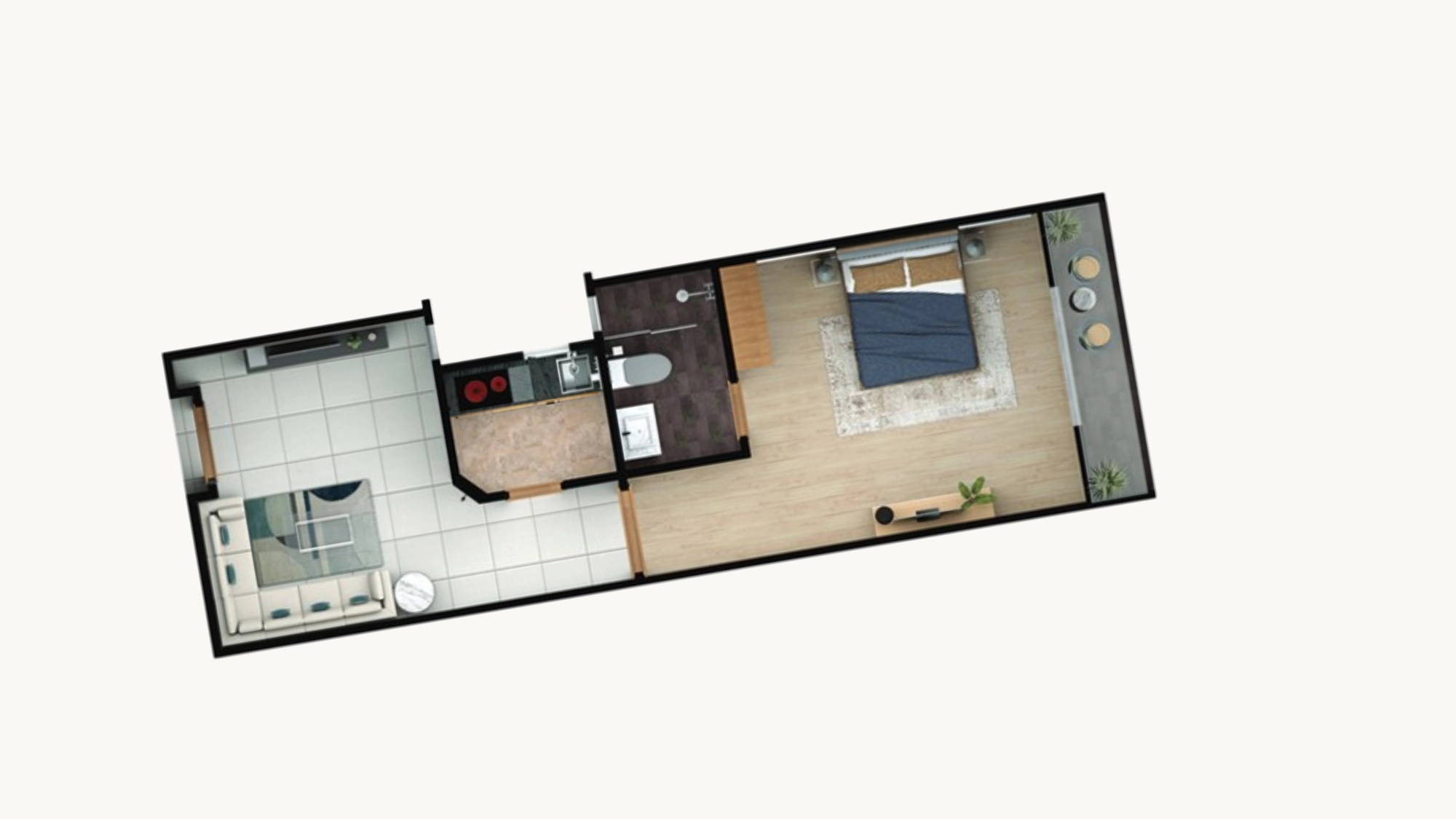 1 Bedroom Apartment Layout - Modern High Rise Design