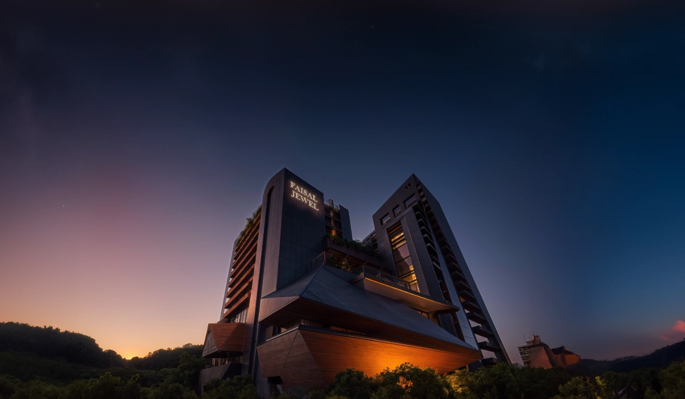 Faisal Jewel Night View - Illuminated Apartment Tower